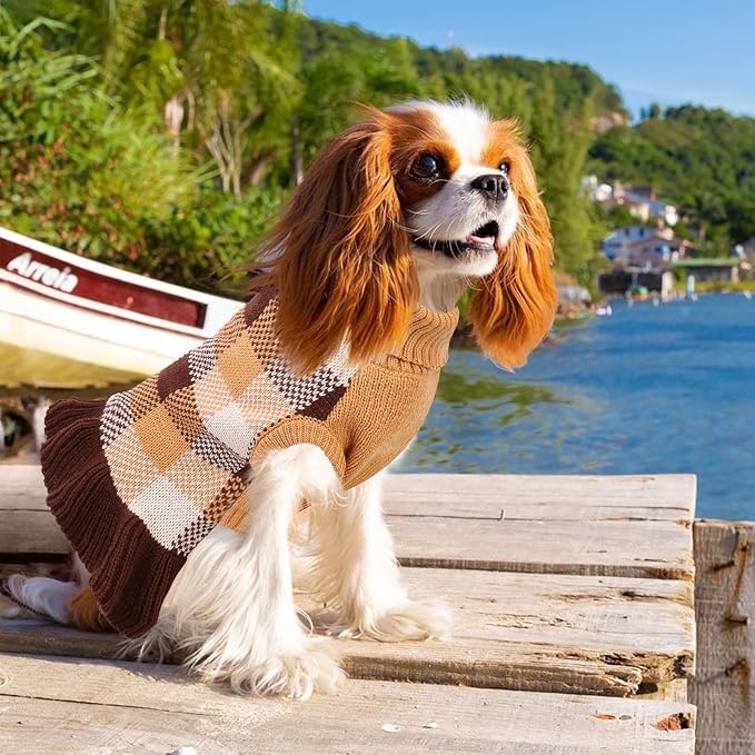 Dog Sweater Dress Plaid Knitwear for Small Medium Dogs Warm Puppy Pet Turtleneck Stretch Pullover Cute Fall Winter Vest Clothes with Leash Hole for Christmas (Coffee, 2XL)
