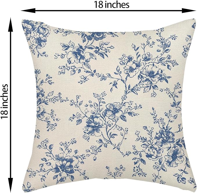 Blue and Cream Flower Pillow Covers 18x18 Set of 2 Chinoiserie Floral Decorative Throw Pillows Vintage Toile Flower Pillowcase Linen Outdoor Farmhouse Cushion Cover for Couch Sofa Decor