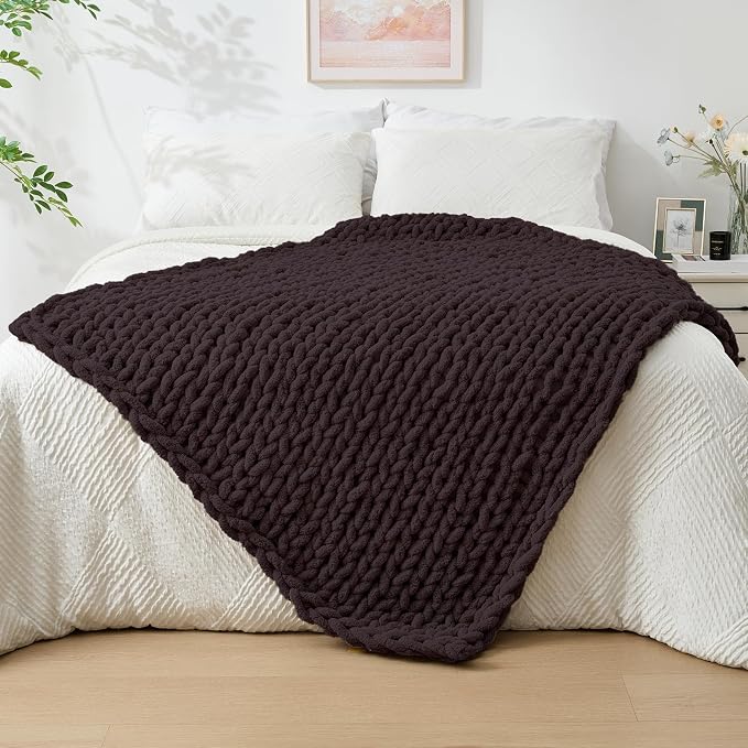 Bigacogo Chunky Knit Throw Blanket for Couch, 40x60 inches, Chocolate | Hand Knit with Jumbo Chenille, Soft Breathable Cable Knit for Sofa Bed Living Room, Machine Washable, Gift for Mom Friend