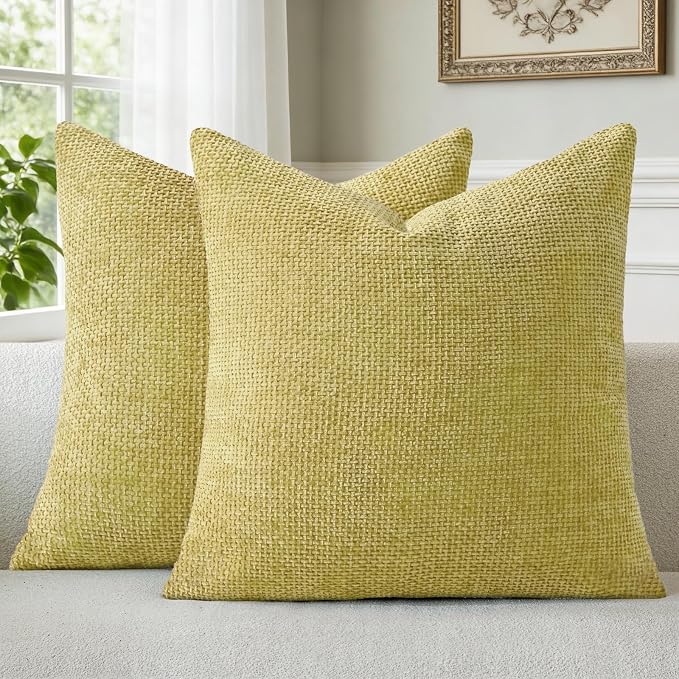 a moment Yellow-Green Chenille Throw Pillow Covers 24x24 Inch Pack of 2 Modern Decorative Throw Pillow Cases Farmhouse Cross Covers Home Decor for Sofa Bedroom Living Room