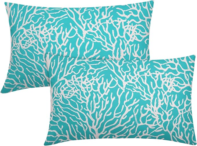 Nautical Coastal Coral Lumbar Pillow Covers 12x20 Inch Set of 2 Summer Ocean Beach Aqua Teal Decorative Pillow Cases Outdoor Linen Cushion Cover Farmhouse Decor for Bedroom Home Sofa Couch Bed