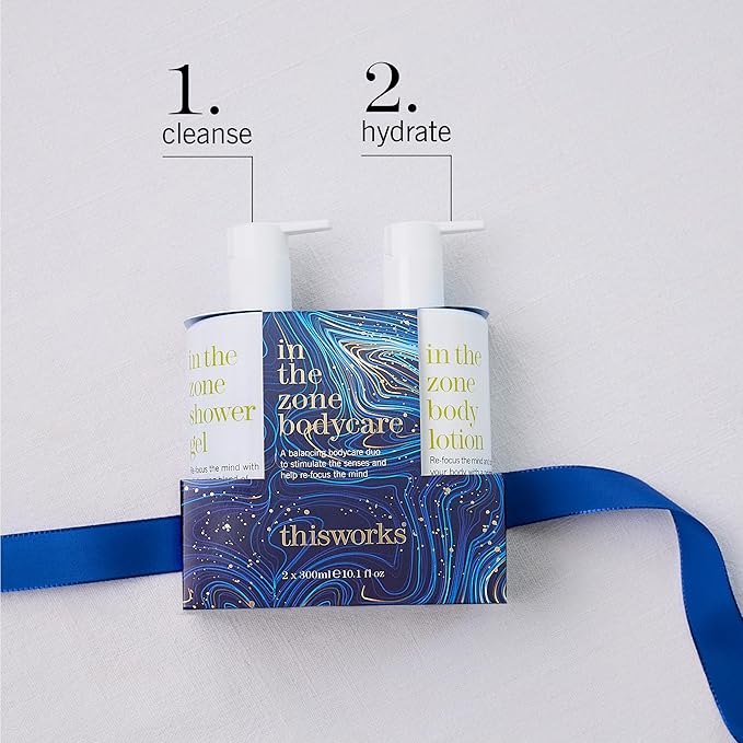 This Works In The Zone Duo – Shower Gel 300ml & Body Lotion 300ml – Balancing Bodycare with Coconut Oil, Glycerin, Eucalyptus & Frankincense to Cleanse, Nourish & Refocus the Mind