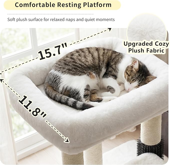 Heybly Cat Scratching Post with Grooming Brush & Gentle Step, HSP001SWH | Small Cat Tree with 5 Full Sisal Posts, Removable Plush Bed, Stable & Space-Saving Cat Furniture for Indoor Cats, White