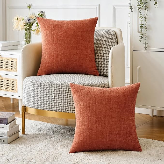 MIULEE Soft Chenille Fall Throw Pillow Covers Burnt Orange 16x16 Pack of 2 | Modern Fall Home Decor, Classic Decorative Pillows, Solid Dyed Cases, Boho Couch Cushion Covers for Sofa Bed Living Room