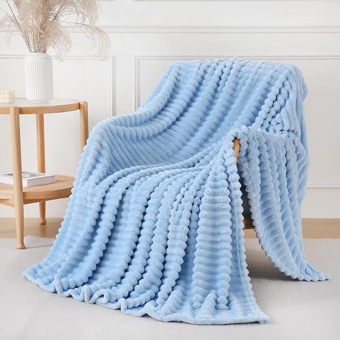 Light Blue Throw Blanket for Couch Sofa 50x60 inches Striped Design | Fleece Blankets Room Home Decor Lightweight Plush Soft Cozy Gifts for Women Mom