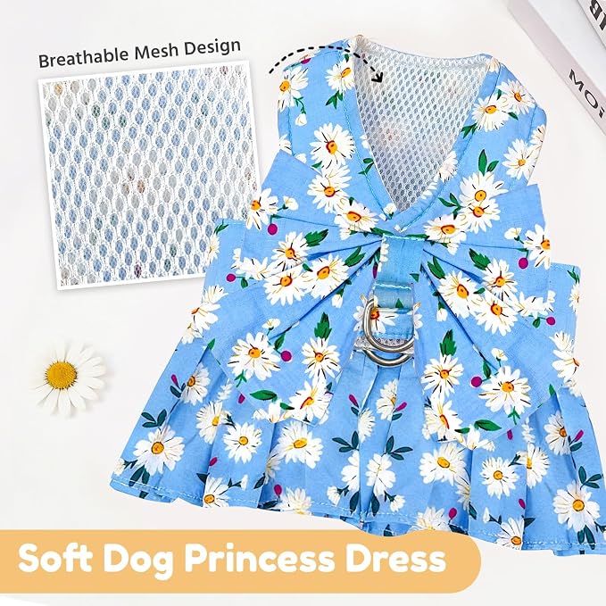 BAEJMJK Dog Dress Bowknot Harness Leash Set for Small Dogs Cats Daisy Floral Girl Dog Dresses Cute Puppy Princess Clothes Pet Doggy Outfits Spring Summer Breathable Dresses(Blue,Large)