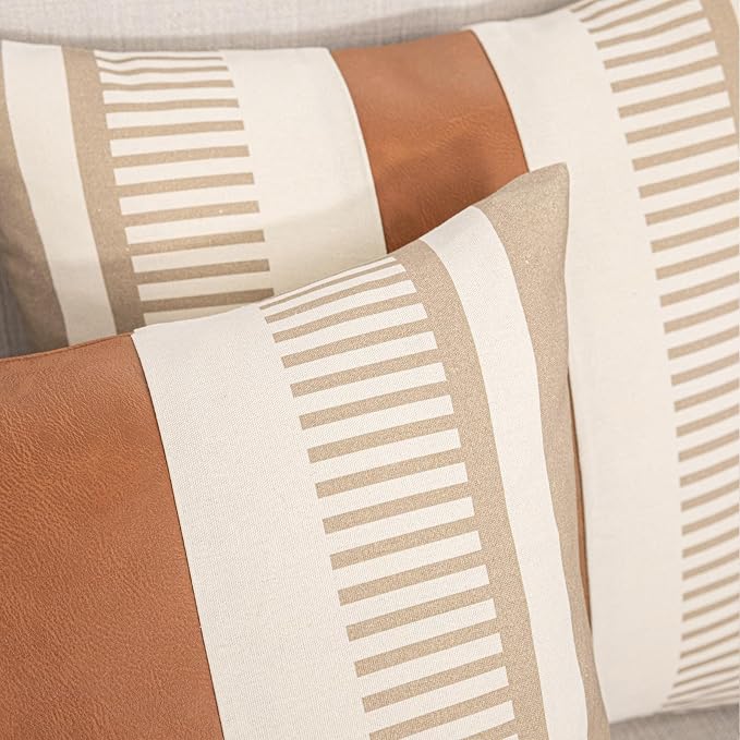 2 Pack 20x20 Inch Pillow Covers - Brown Faux Leather & Tan Stripe Print Soft Canvas Splicing, Same Pattern Both Sides | for Sofa Couch Bed Living Room, Farmhouse Industrial Minimalist Decor