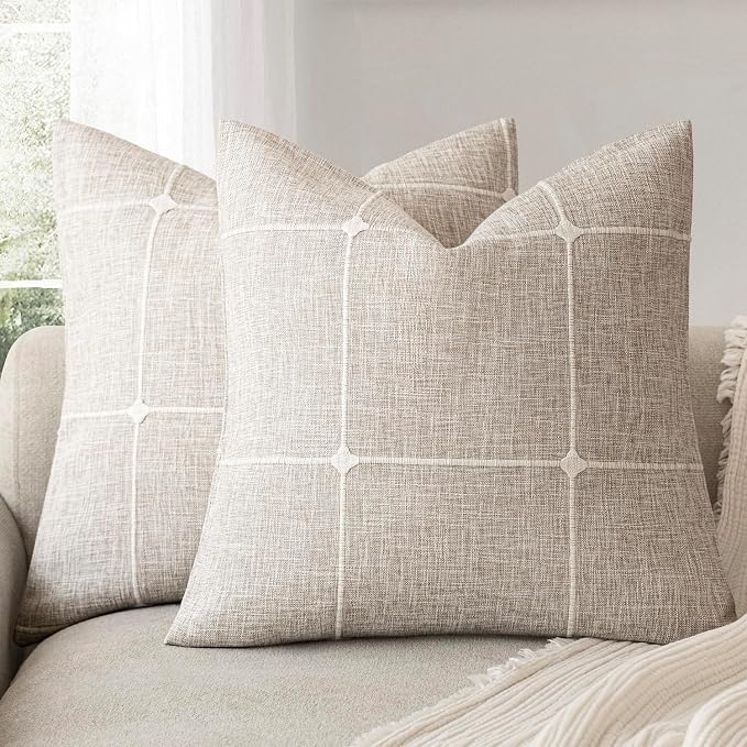 Foindtower Pack of 2 Decorative Faux Linen Jacquard Check Throw Pillow Covers Farmhouse Cushion Cover with Grid Textured Accent Pillowcase for Couch Sofa Bed Living Room Home Decor,18×18 Inch,Beige
