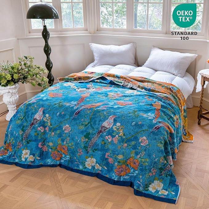 MSGKV Boho Throw Blanket 60"x80" 100% Cotton Bird Throw for Bed Couch | 100% Cotton Throw, Bird Pattern, Reversible Woven, Lightweight Comfort, Farmhouse Decor, All Seasons, Machine Washable