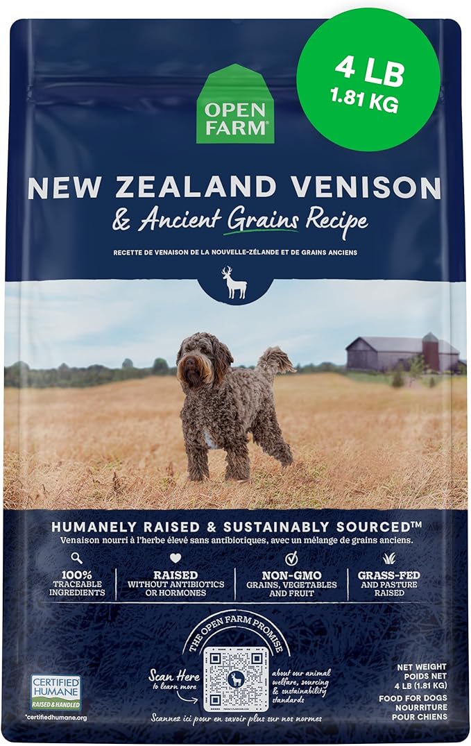 Open Farm Ancient Grains Dry Dog Food, New Zealand Venison Kibble, 4lb Bag | All Life Stages, All Breed Sizes, Protein-Rich & Nutrient Dense, 100% Traceable Ingredients, Non-GMO Fruits & Veggies.