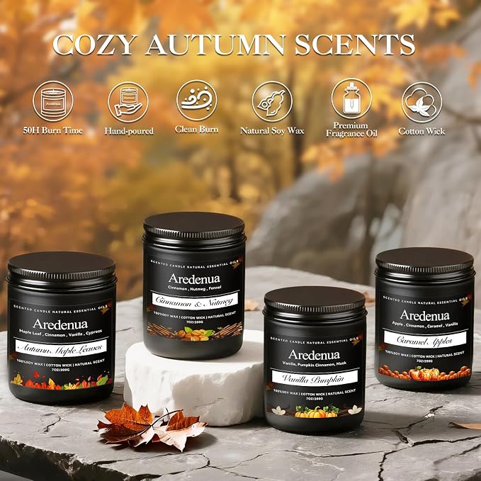 Fall Candles Set – 4 Pack Cozy Autumn Seasonal Candles Gift - Scent of Vanilla Pumpkin, Cinnamon & Nutmeg, Caramel Apples & Autumn Leaves, 28oz Soy Candles for Christmas Cozy Winter Gifting