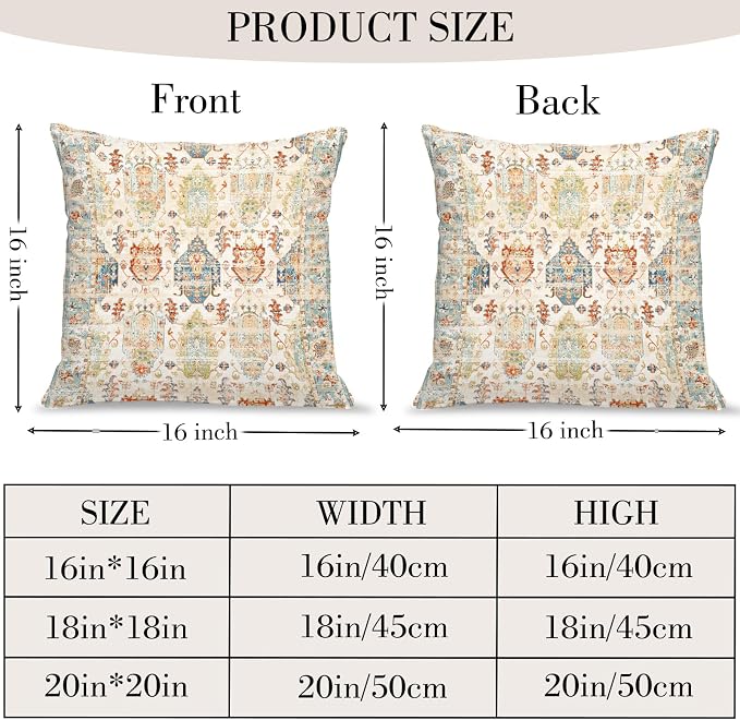 Boho Floral Throw Pillow Covers 16x16 inch Set of 2,Beige Boho Rug Geometric Floral Pattern Decor Double Sided Pattern Cushion Cover Soft Pillow Case Living Sofa Room Bed Square Pillow Cover