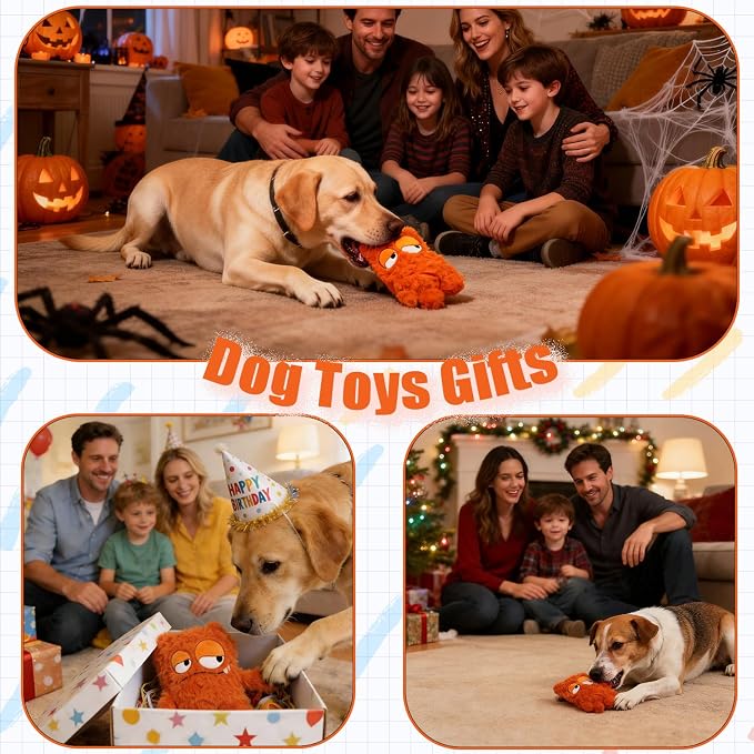 Monster Stuffed Squeaky Dog Toy, Crinkle Dog Plush Toy, Orange | Soft Lightweight Toy for Fetch and Chew, Interactive Outdoor Indoor Play for Tug, Birthday Gift, For Puppy Small Medium Dog