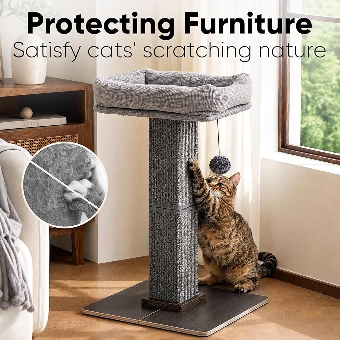 FUKUMARU Retro-Style Cat Scratching Post with Perch for Indoor Adult Cats | 28.7" Elevated Tall Cat Bed, Solid Wood Large Cat Scratcher Tower with Bed, Aesthetic Cat Tree Furniture with Natural Sisal