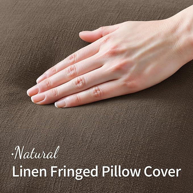 MIULEE Linen Fringe Decorative Euro Pillow Covers Chocolate Brown 22x22 | Set of 2, Cottagecore Decor, Boho Farmhouse Neutral Throw Pillow Covers, Rustic Fall Couch Cushions for Sofa Bed Living Room