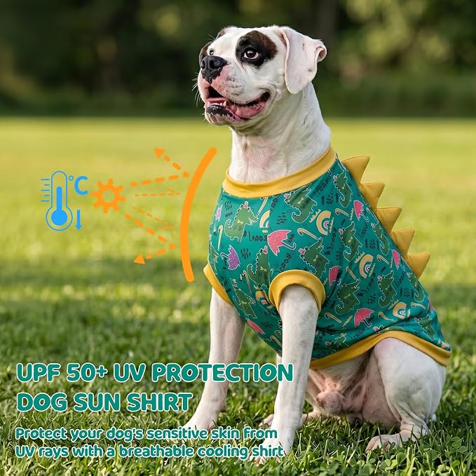 UPF 50+ Sun Protection Dog Shirt - Sleeveless Cooling Vest for Large Dogs Boy, Quick-Dry Pet T-Shirt with Funny Dinosaur Horns, UV Protective Breathable Dog Clothes U-COSBX12L