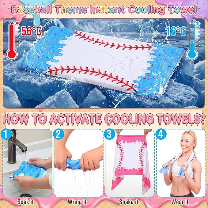 Peryiter 24 Pcs Ice Cream Drip Baseball Party Favors 12 Cooling Towels 12 Drip Drawstring Bags Bulk Sport Gifts for Teams Summer Camping Yoga Running Supplies, Chilly and Absorbent (Classic)
