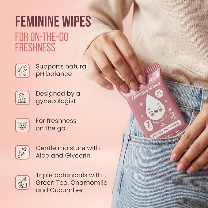 PORE & ROOT Feminine Wipes - Pocket Wipes for Sensitive Skin, Fragrance & Alcohol-Free, Travel-Friendly, Individually Wrapped, with Aloe & Lactic Acid, 112 Count - (16 Pack)