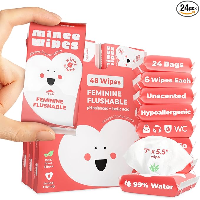 Feminine Wipes for Women – Flushable pH Balanced Wipes, 99% Water & Aloe – Unscented, Gentle Intimate & Period Care with Odor Protection – Daily Hygiene & Travel Essentials – 24 Pack, 144 Wipes