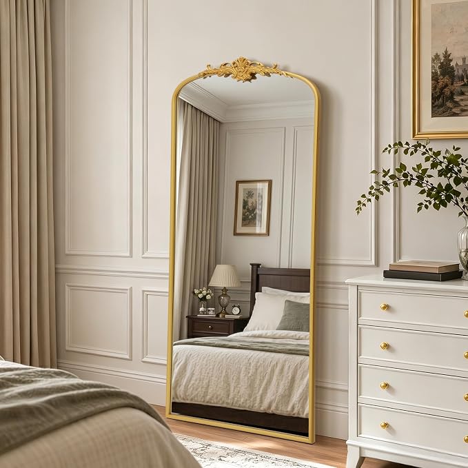 Besdomus Antique Mirror Full Length: 26"x63" Gold Long Arched Body Mirrors | French Floor Standing Metal Framed - Vintage Baroque Traditional Ornate - Ideal for Foyer/Cloakroom/Bedroom/Dressing Room