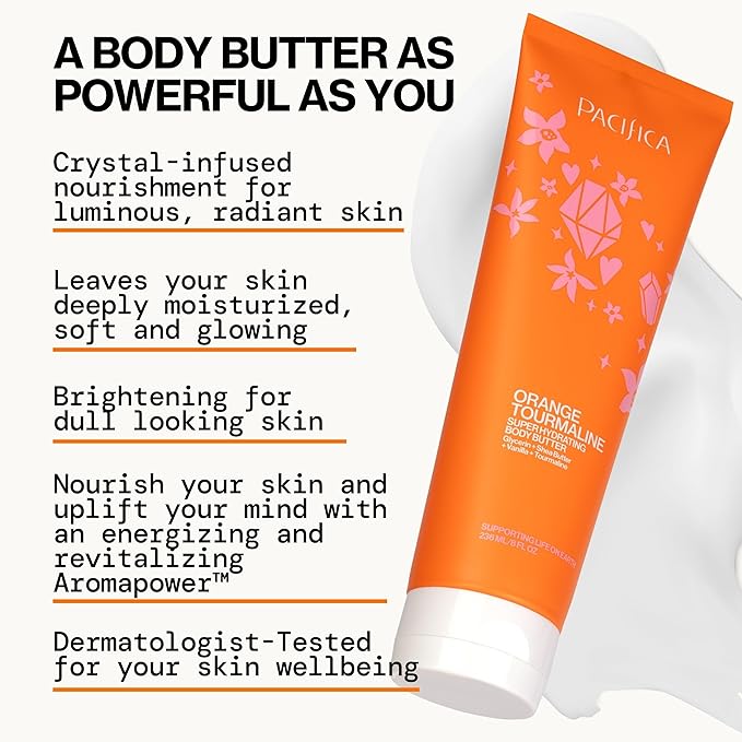 Pacifica Orange Tourmaline Body Butter – Super Hydrating Moisturizer for Dry Skin, Ultra-Rich Cream with Shea Butter & Vitamin E, Clean Beauty, Vegan, Cruelty-Free, Citrus Scent, 6 oz