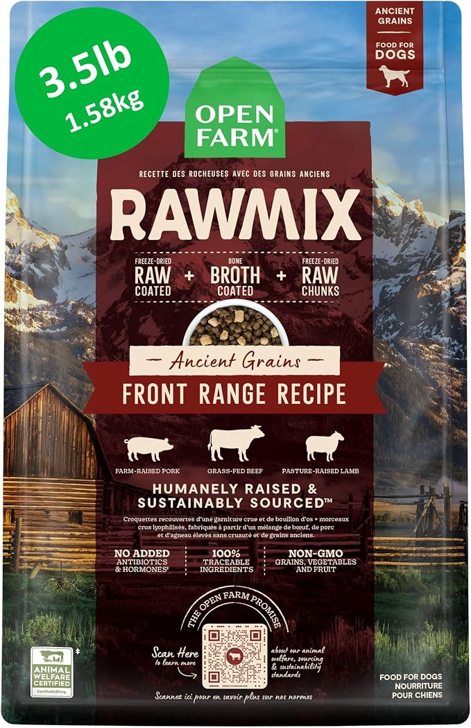 Open Farm RawMix Ancient Grains Dry Dog Food, Front Range Kibble, 3.5lb Bag | Grass Fed Beef, Pasture Raised Lamb, Humanely Raised Pork, Freeze Dried Raw Chunks, 100% Traceable Ingredients.