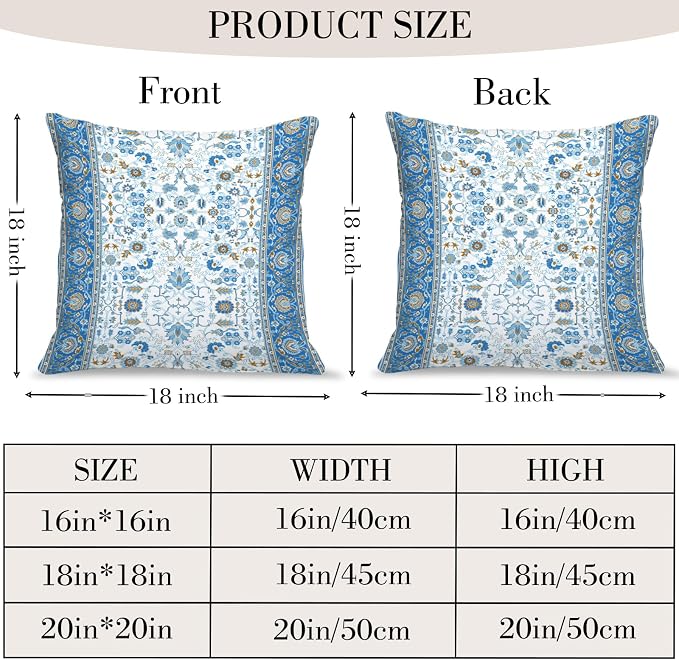 Boho Floral Throw Pillow Covers 18x18 inch Set of 2,Blue Boho Rug Geometric Floral Pattern Decor Double Sided Pattern Cushion Cover Soft Pillow Case Living Sofa Room Bed Square Pillow Cover
