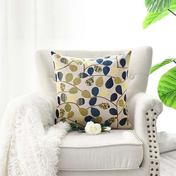 CaliTime Cushion Cover Throw Pillow Case Shell for Couch Sofa Home Decoration Luxury Chenille Cute Leaves Both Sides 18 X 18 Inches Ecru Blue