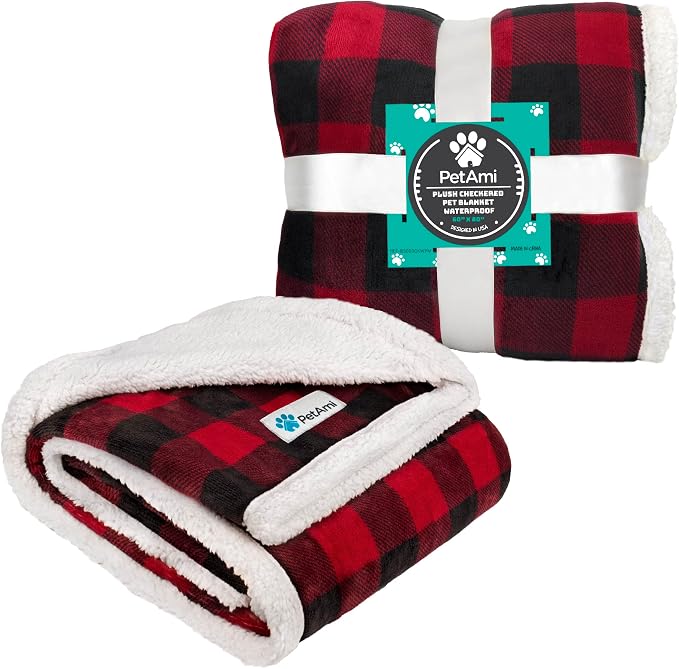 PetAmi Waterproof Dog Blanket for Small Dog Puppy Cat, 29x40, Black Red | 460 GSM Sherpa Fleece Reversible, Pee Proof Pet Blanket, Furniture Protector Cover for Couch Sofa Kennel, Washable
