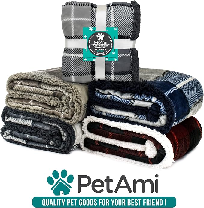 PetAmi Waterproof Dog Blanket for Large Dog Cat Pet, 60x80, Plaid Taupe | 460 GSM Sherpa Fleece Reversible, Pee Proof, Furniture Protector Cover for Couch Sofa Bed Kennel, Washable, Extra Large