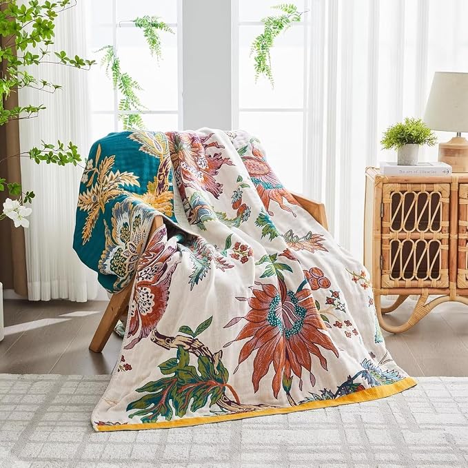 Boho Throw Blanket for Bed 100% Cotton Bohemian Blankets Ultra Soft Woven Muslin Decorative Blankets All Seasons Vintage Quilt Knitted Blanket for Sofa Chair(Beige, 50"x60")