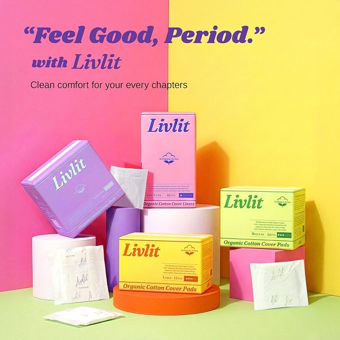 Livlit Super Long Overnight Pads - 100% Organic Cotton from Texas, Heavy Absorbency, Powerful Leak Protection, Unscented, Extra Long Length (10 Count)
