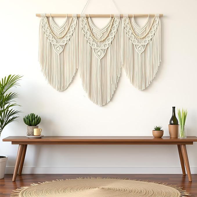 Large Macrame Wall Hanging, Boho Tapestry, 43"x32", Wood Bead Fringe | Handmade bohemian woven tapestry for bedroom, living room, apartment. Perfect Boho style wall decor art for weddings, parties