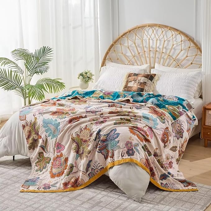 Boho Throw Blanket Farmhouse Decor Throw Blanket Bohemian Blanket for Bed 100% Cotton Muslin Woven Couch Blanket All Seasons Quilt Bedroom (B-Beige, 90"x98")
