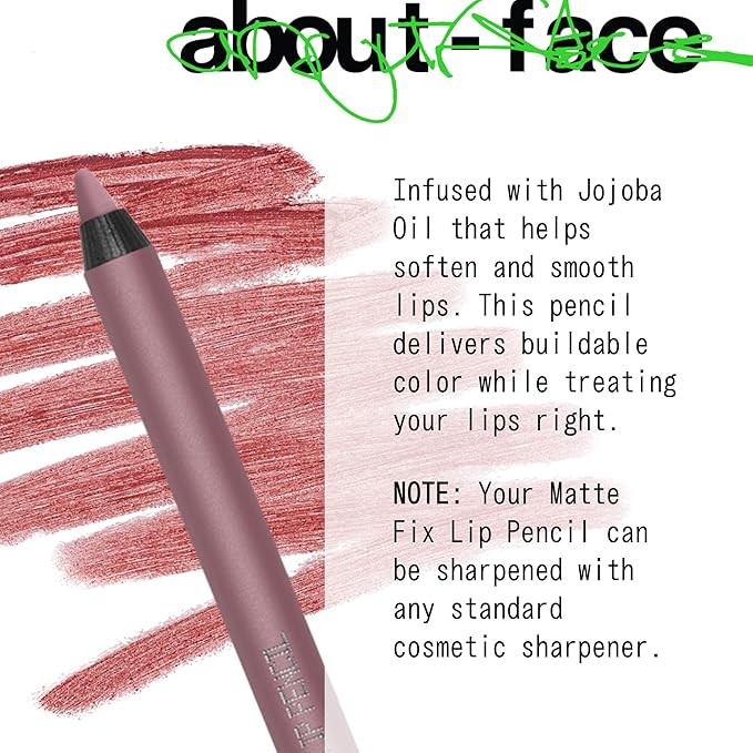 about-face Matte Fix Lip Pencil Midnight Seduction – Long-Wear, Creamy Matte Lip Liner with Hyaluronic Acid & Vitamins C & E – Vegan, Cruelty-Free, Clean Beauty – 0.042 oz (Soft Mauve)