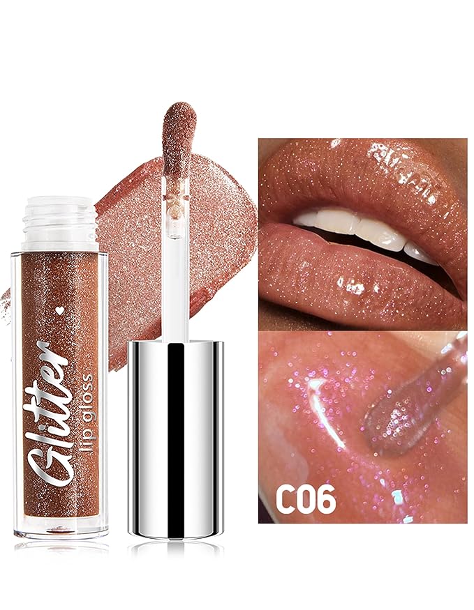 Erinde Glitter Shimmer Lip Gloss, Hydrating High-Shine Glimmer Finish & Sheer Wash Of Color Lip Oil, Non-Sticky, Moisturizing Lip Makeup, Bling Sparkle Lip Gloss Lipstick, Vegan & Cruelty-Free, 06