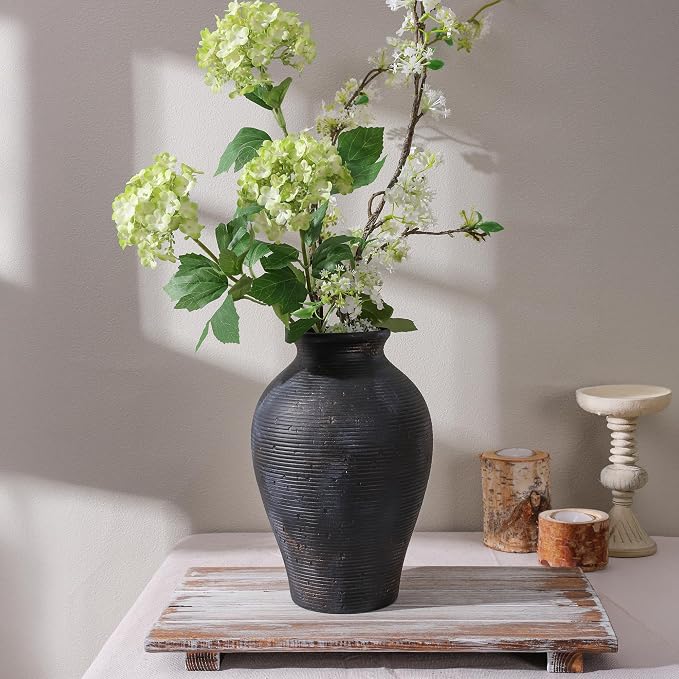 Ceramic Flower Vase Home Decor, 9 in Farmhouse Table Vases Rustic Vintage Living Room Kitchen Bedroom Pottery Decorative Vases for Flowers House Shelf Office Coffee Desk Dining Entryway, Black Gold