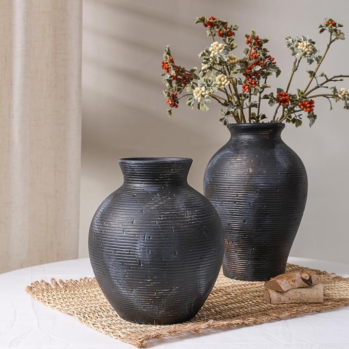 Ceramic Flower Vase Home Decor, 7.4 in Farmhouse Table Vase Retro Vintage Living Room Kitchen Bedroom Decoration Pottery Decorative Vases for Flowers House Shelf Office Desk Dining Entryway, BlackGold