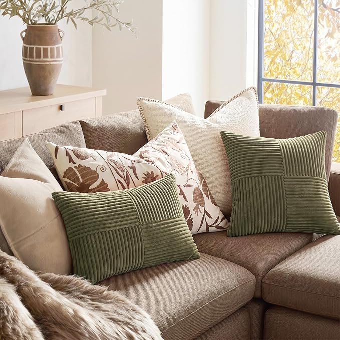 Fancy Homi Set of 1 Olive Green Lumbar Decorative Throw Pillow Covers 14x24 Inch for Couch Bed, Farmhouse Boho Home Decor, Soft Striped Corduroy Rectangle Accent Cushion Case 35x60 cm