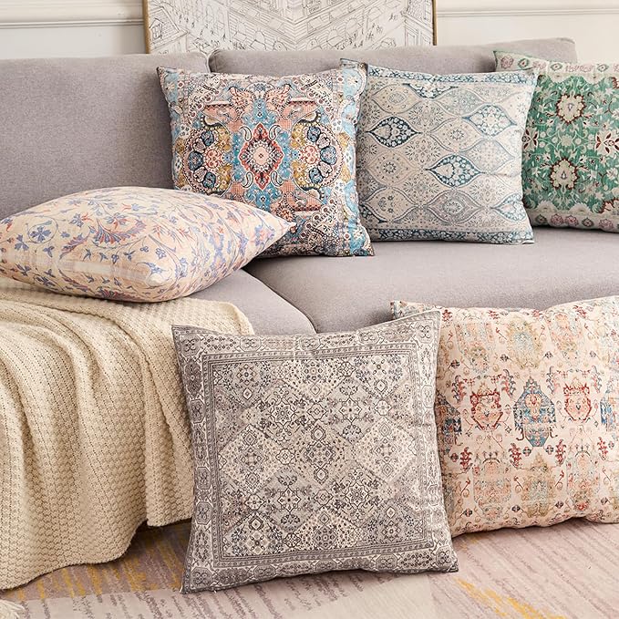 Boho Floral Throw Pillow Covers 26x26 inch Set of 2,Boho Rug Geometric Floral Pattern Decor Double Sided Pattern Cushion Cover Soft Pillow Case Living Sofa Room Bed Square Pillow Cover
