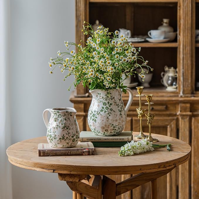 Ceramic Green and White Floral Vase with Handle, Rustic Farmhouse Pitcher Flower Vase, Chinoiserie Floral Vase for Home Decor, Living Room, Shelf, Office, Rustic Table Centerpiece 8 Inch