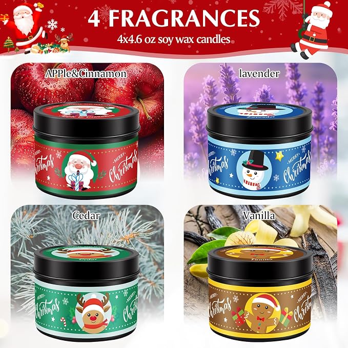 Christmas Candles - 4 x 4.6oz Scented Candles Gifts for Women Set, Natural Holiday Candle for Home Scented, Long Burning Aromatherapy Candle Gifts for Party Favors, Stocking Stuffers