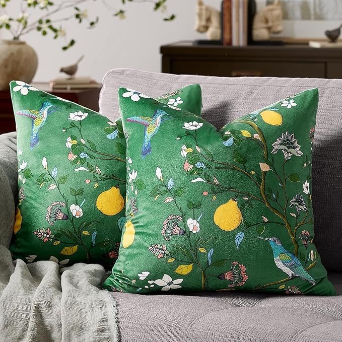 MUSSEL Green Velvet Floral Decorative 16x16 Pillow Covers Set of 2 | Soft Durable and Sturdy,Bird Plant,Throw Pillows Case,Square,Colorful Country Cushion Covers,Home Sofa Bed Couch Decor