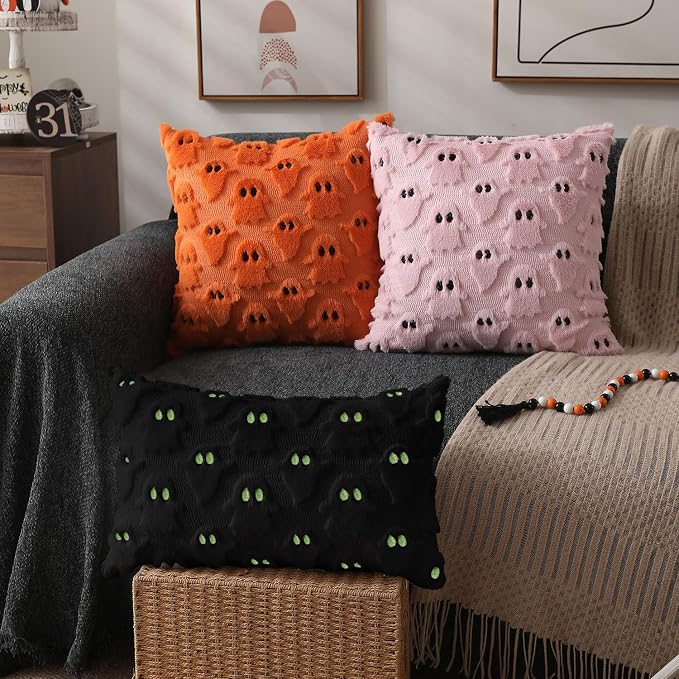 DFXSZ Halloween Pillow Covers 12x20 inch 2Pcs Black Ghost Halloween Decor | Halloween Decorations Set of 2 Throw Pillow Cases Plush Faux Fur Wool Cushion for Chair Sofa Bedroom Living Room Home Decor