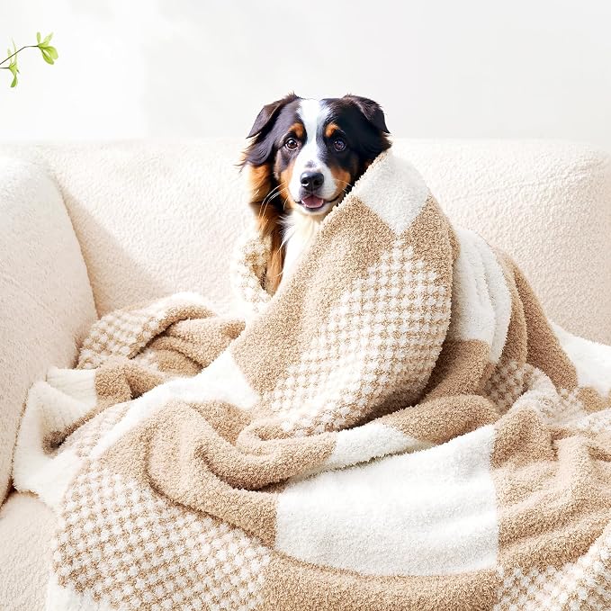 Snuggle Sac Checkered Blanket, Beige Throw Blanket for Couch Plaid Microfiber Fluffy Warm Cozy Fuzzy Soft Throw Blanket Reversible Checkered Blankets for Sofa, Chair, Bed, 50x60 inches
