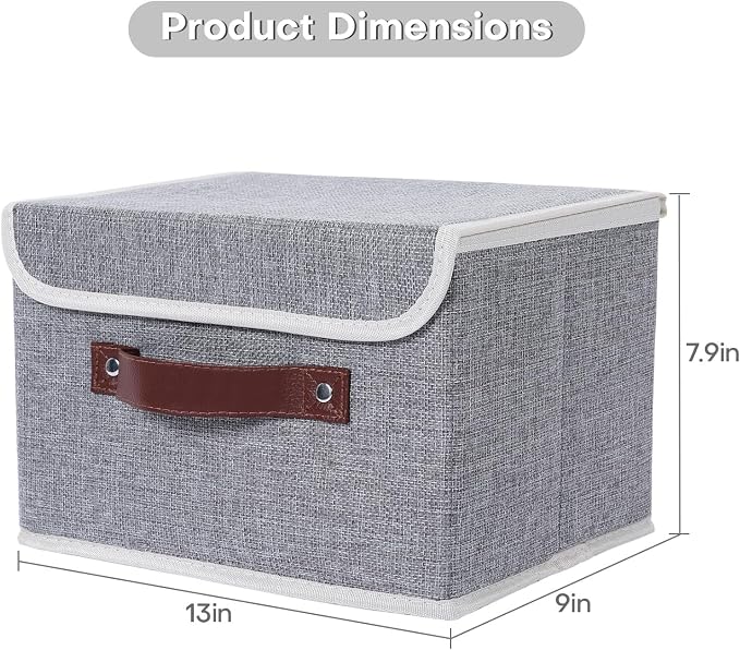 ANMINY Fabric Storage Box Bins with Lids, Gray, 13"x9"x7.9", 2 Pack | Keepsake Memory Storage, Cotton Linen, PP Board Reinforced, Washable, PU Handles, Foldable & Stackable, Decorative, Medium