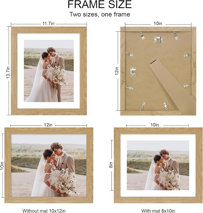 Hongkee 10x12 Picture Frame Set of 4, Made of Real Glass and Natural Oak Frame - Display Picture 8x10 with Mat or 10x12 Without Mat, 10 by 12 Photo for Wall Mounting