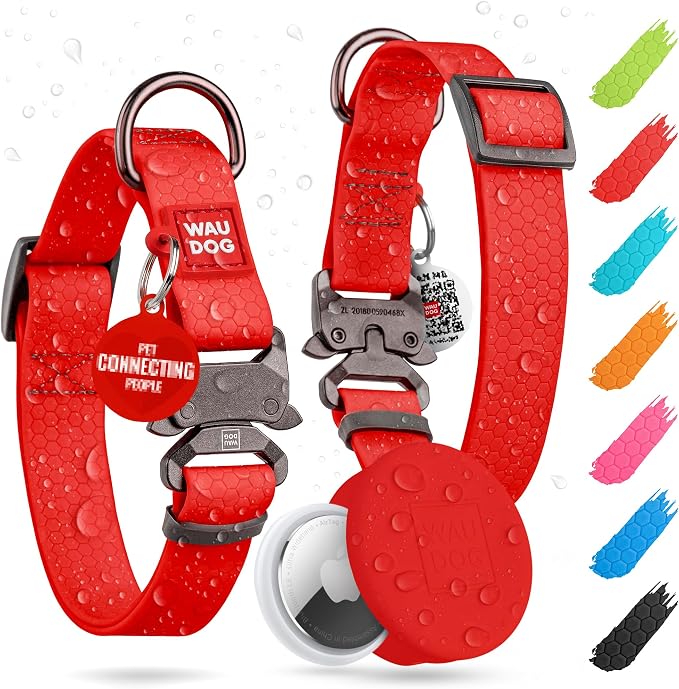 WAUDOG Waterproof Dog Collar Airtag Holder QR Tag Small Medium Large Dogs | Water and Dirt Resistant, Quick Dry QR Pet Tag Adjustable Durable Comfort for Male and Female Dogs Outdoor Walking Training