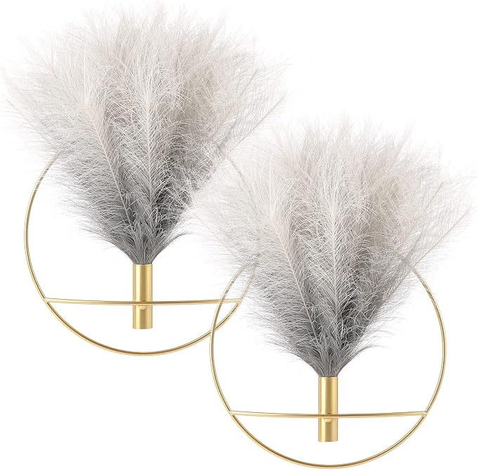 Pretty Jolly Boho Pampas Wall Decor Gold Metal Wall-Mounted Art | Morden Artificial Greenery Display，2 Pack Gray Hanging Planter For Living Room, Bedroom, Bathroom, Dining room