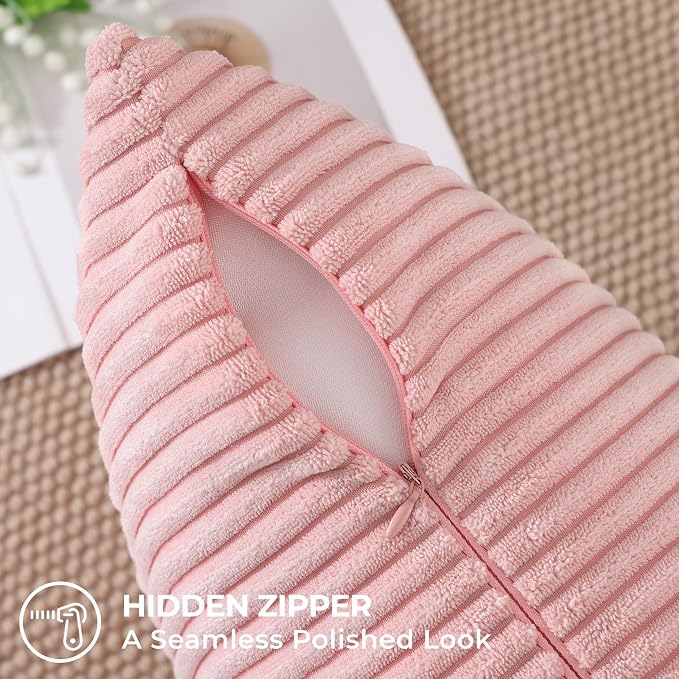 Mecatny Corduroy Decorative Throw Pillow Covers 16x16 Set of 2 Pink | Soft Striped Texture, Hidden Zipper Design, Neutral Boho Square Pillow Cases for Sofa Couch Living Room Bedroom, Home Décor